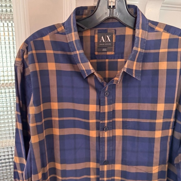 A/X Armani Exchange Men's Blue and Tan Button Down Long-Sleeved Shirt Size XL - Picture 2 of 10